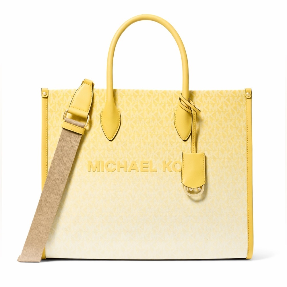 Michael Kors Mirella Ombre Logo Tote Lemon Yellow structured Crossbody Tote New - Picture 7 of 8